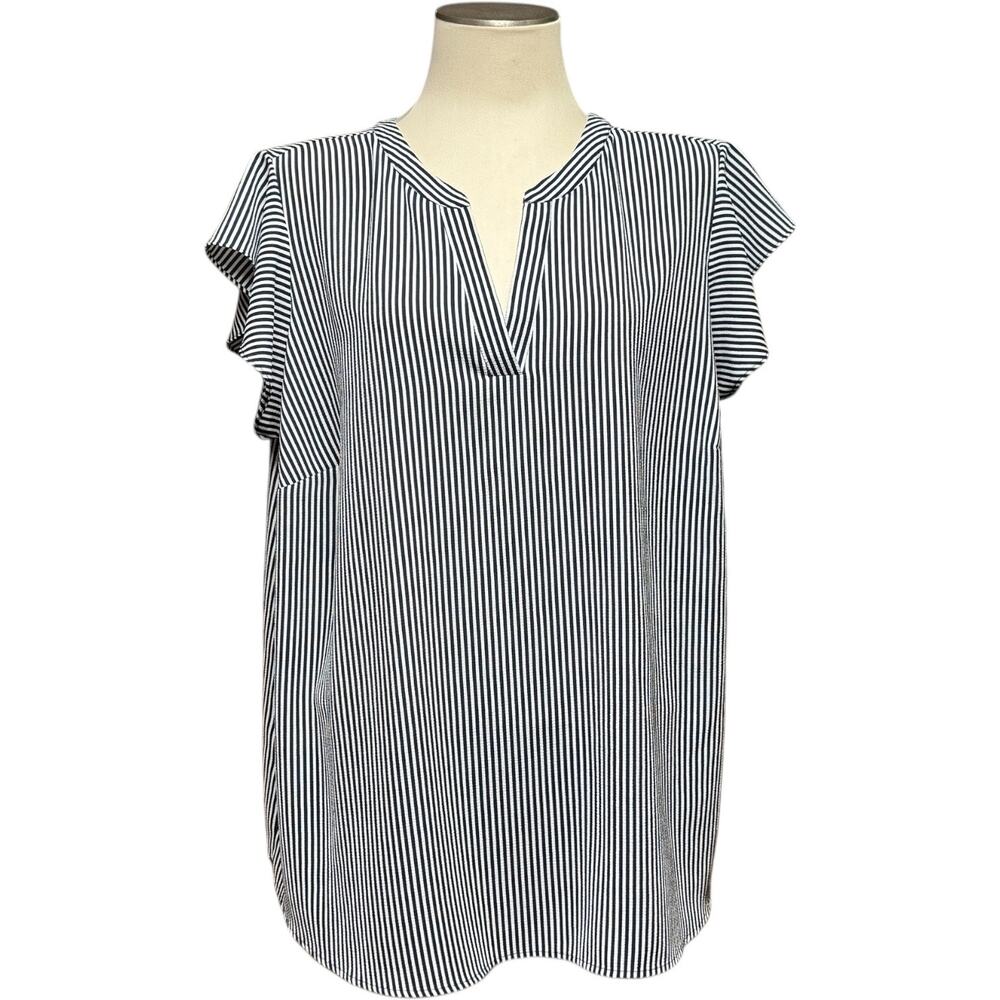 Adrianna Papell Navy and White Vertical Stripe Flutter Sleeve Blouse